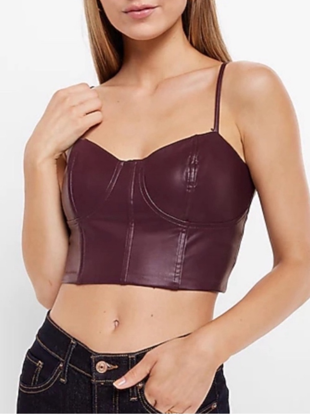 NEW Express Faux Leather Corset Crop Top in Burgundy Size XS